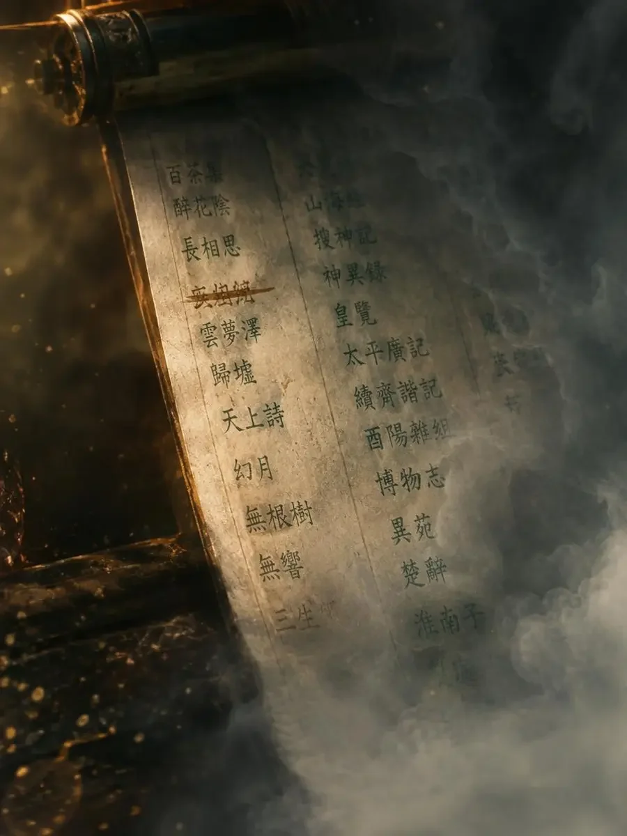 泛黄绢帛上的手写书目录，其中一条被铜棕色墨迹划去，边缘化入灰雾